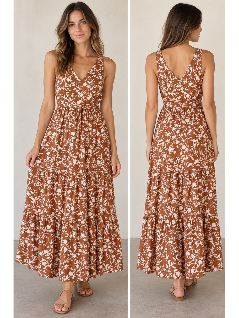 Cynthia Rowley Rust Floral Tiered Maxi Dress Tie Waist Size 4